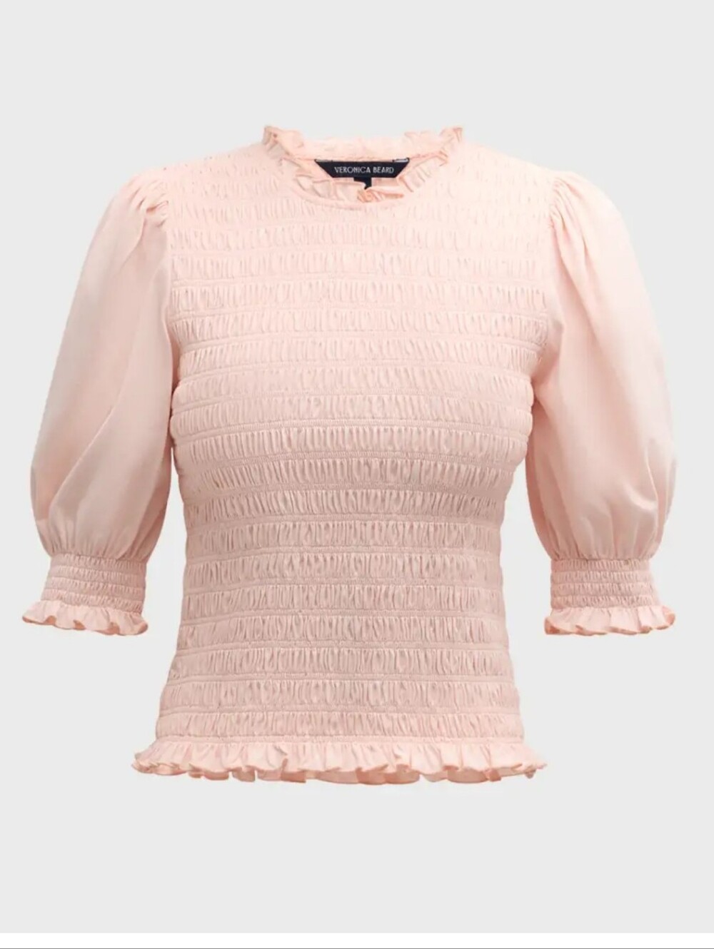 Veronica Beard Langston Smocked  shell pink Top Size Large Fitted Puff Sleeve